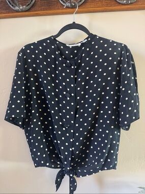 Ann Taylor Black Silk Polka Dot Tie-Front Blouse